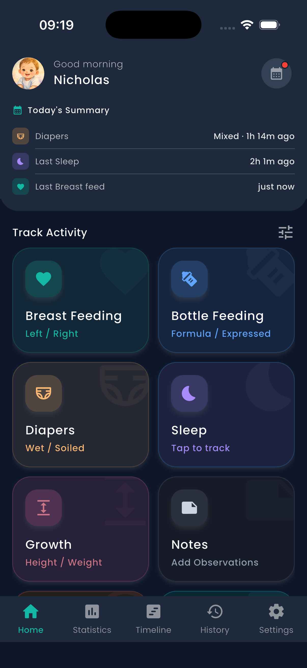Aiko app home screen showing Good evening greeting, Today's Summary with feeding and diaper stats, and Track Activity tiles for Breast Feeding, Sleep, Diapers, Health, Bottle Feeding, and Notes